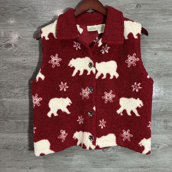 Vtg St John’s Bay Holiday Polar Bear Sherpa Vest Women’s Medium Winter - Picture 1 of 7